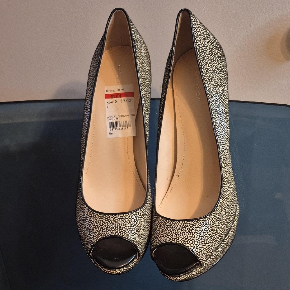 Calvin Klein Black and Cream Platform Peep-Toe Heels